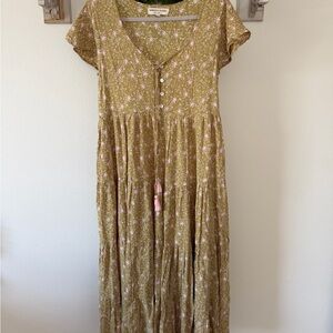 Boho Olive Floral Tiered Maxi Dress with Tassels